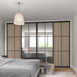 Brushed Black Curve Sliding Door Wardrobe Kit - 4 Door 6 Panel Grid Mirror & Shorewood - Made To Measure - Bedrooms Plus