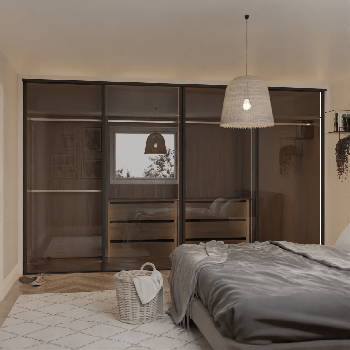 Brushed Black Curve Sliding Door Wardrobe Kit - 4 Door Transparent Bronze Tinted Glass - Made To Measure - Bedrooms Plus