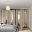 Brushed Black Curve Sliding Door Wardrobe Kit - 4 Door Verti Design - Mirror & Grey Bardolino Oak - Made To Measure - Bedrooms Plus