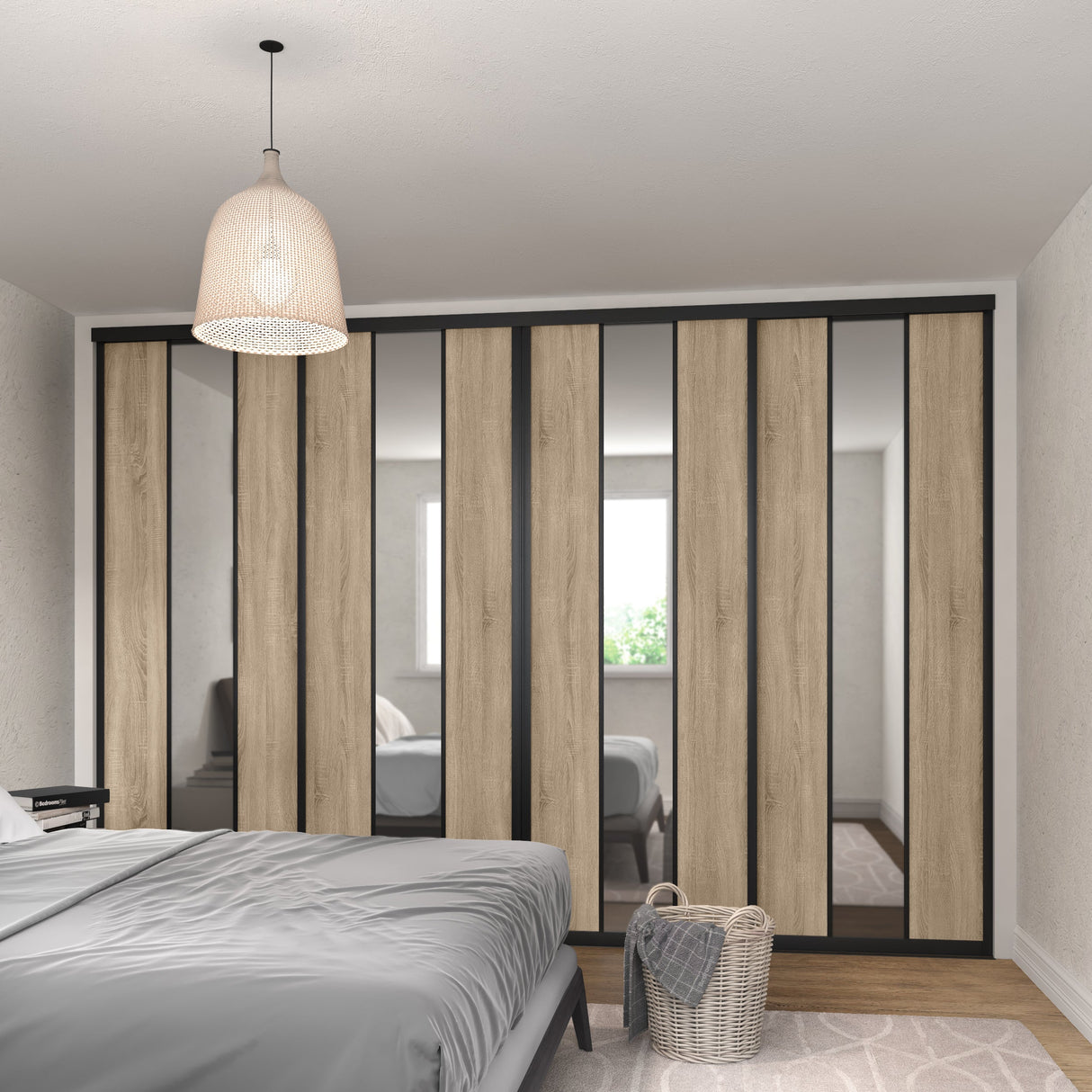 Brushed Black Curve Sliding Door Wardrobe Kit - 4 Door Verti Design - Mirror & Grey Bardolino Oak - Made To Measure - Bedrooms Plus