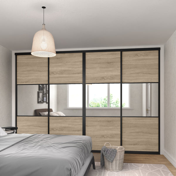 Brushed Black Curve Sliding Door Wardrobe Kit - 4 Doors Mirror & Grey Bardolino Oak - Made To Measure - Bedrooms Plus