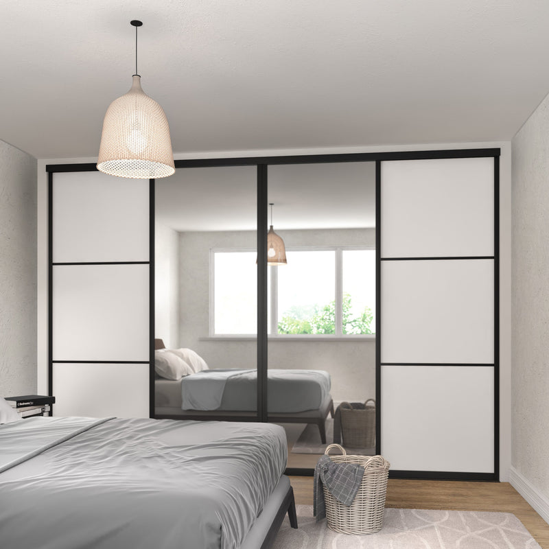 Brushed Black Curve Sliding Door Wardrobe Kit - 4 Doors Mirror & Light Grey Wood - Made To Measure - Bedrooms Plus