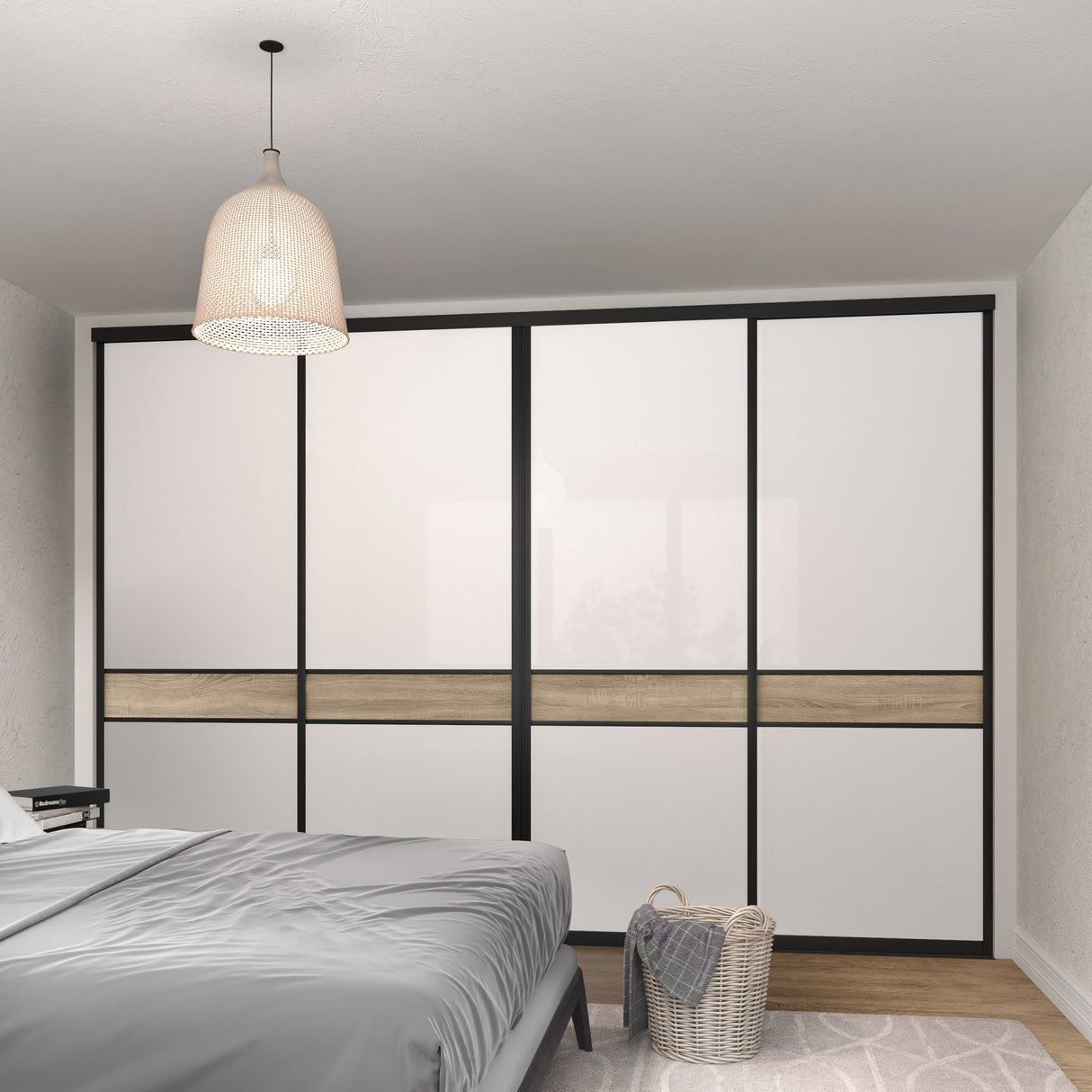 Brushed Black Curve Sliding Door Wardrobe Kit - 4 Doors Pure White Glass & Grey Bardolino Oak - Made To Measure - Bedrooms Plus