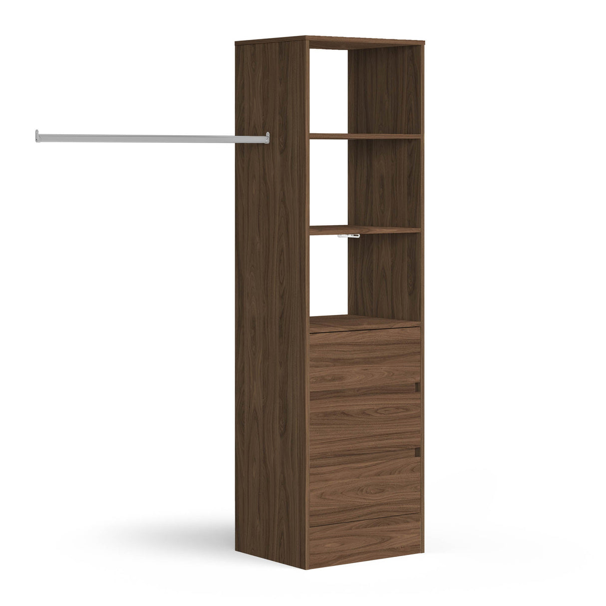 Carini Walnut Deluxe 3 Drawer Soft Close Tower Shelving Unit with Hanging Bars - Bedrooms Plus