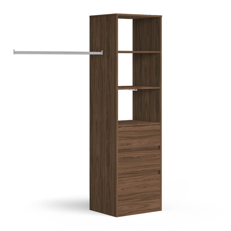 Carini Walnut Deluxe 3 Drawer Soft Close Tower Shelving Unit with Hanging Bars - Bedrooms Plus