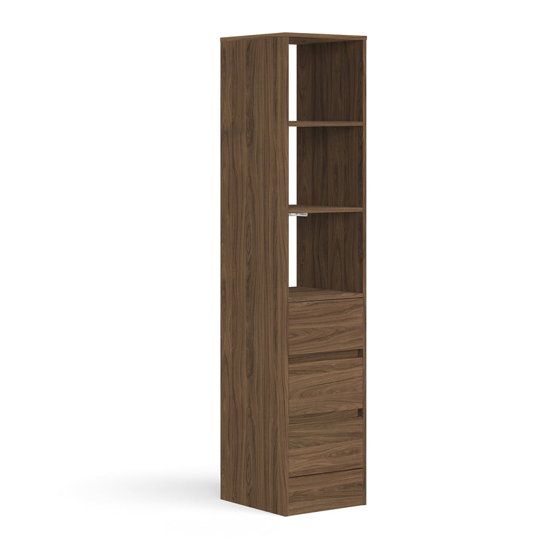 Carini Walnut Deluxe 3 Drawer Soft Close Tower Shelving Unit with Hanging Bars - Bedrooms Plus