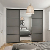 Classic Dust Grey & Mirror Sliding Door Wardrobe Kit 3 Panel with Black Steel Frame - Bedrooms Plus