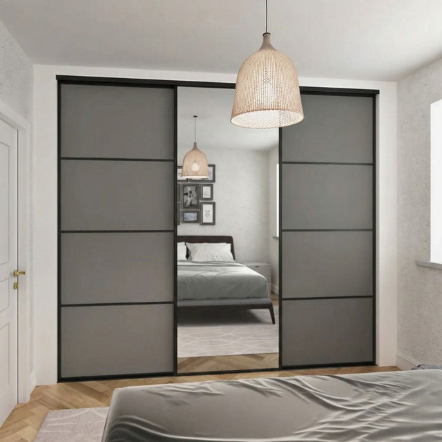Classic Dust Grey & Mirror Sliding Door Wardrobe Kit 3 Panel with Black Steel Frame - Bedrooms Plus