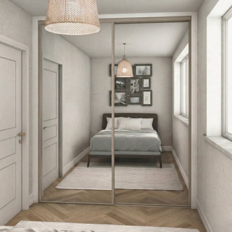 Classic Mirror Sliding Door Wardrobe Kit 2 Panels with Cashmere Steel Frame - Bedrooms Plus