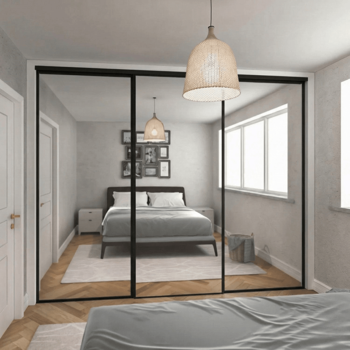 Classic Mirror Sliding Door Wardrobe Kit 3 Panels with Black Steel Frame - Bedrooms Plus