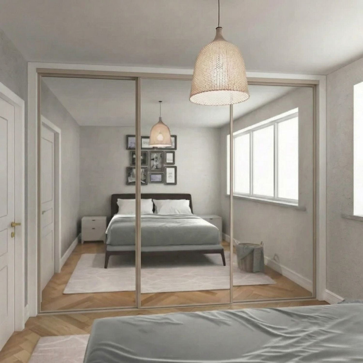 Classic Mirror Sliding Door Wardrobe Kit 3 Panels with Cashmere Steel Frame - Bedrooms Plus