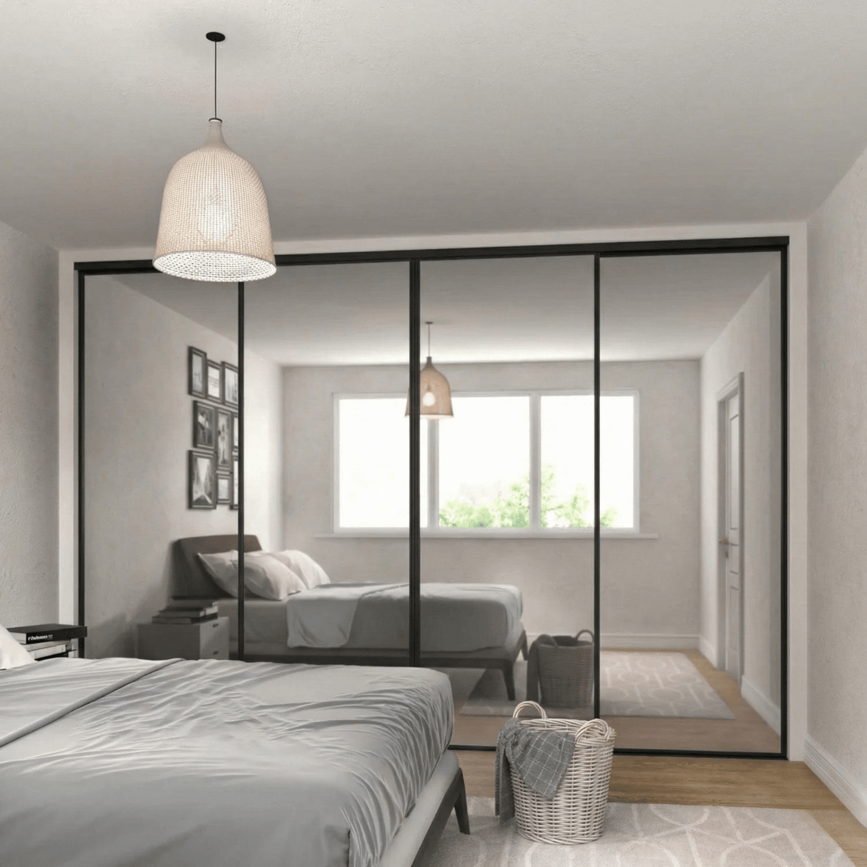 Classic Mirror Sliding Door Wardrobe Kit 4 Panels with Black Steel Frame - Bedrooms Plus