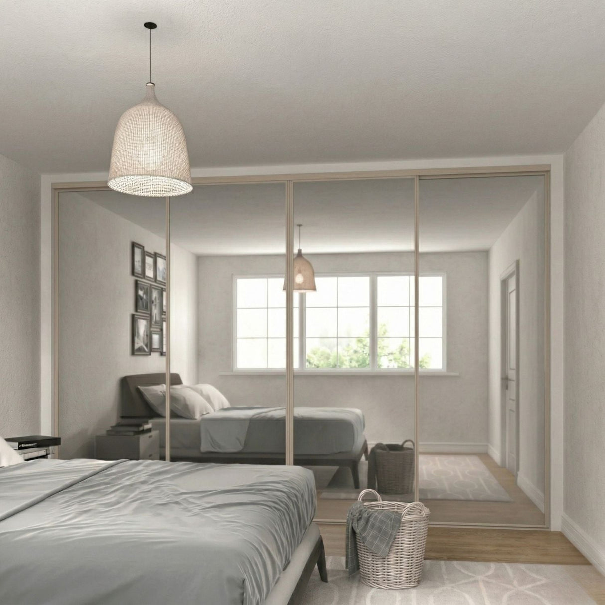 Classic Mirror Sliding Door Wardrobe Kit 4 Panels with Cashmere Steel Frame - Bedrooms Plus