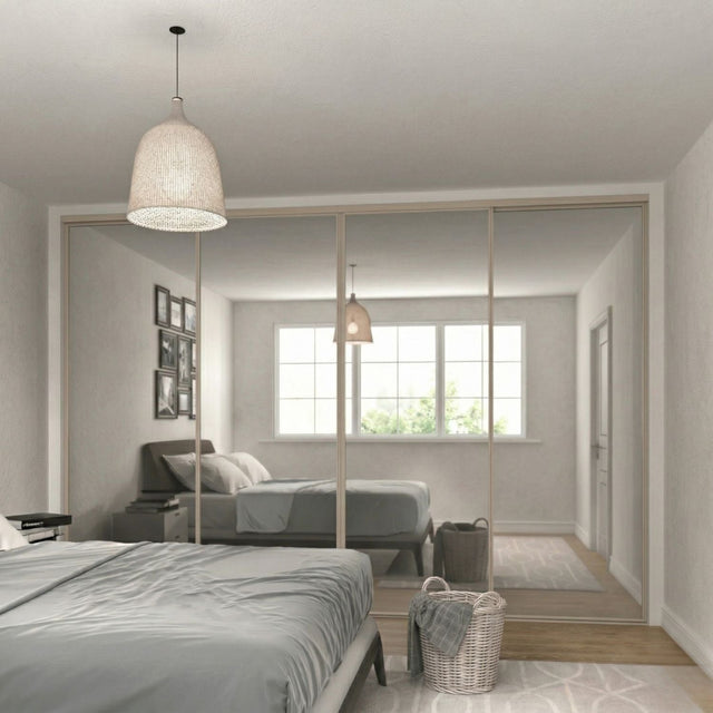 Classic Mirror Sliding Door Wardrobe Kit 4 Panels with Cashmere Steel Frame - Bedrooms Plus