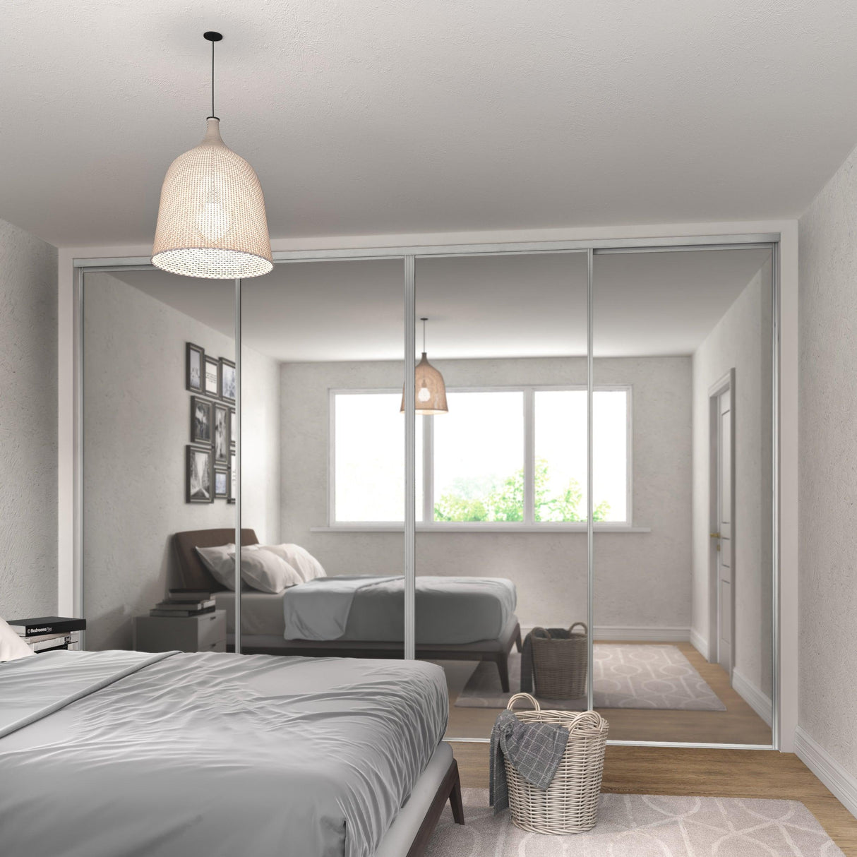 Classic Mirror Sliding Door Wardrobe Kit Mirror 4 Panel with Silver Frame - Bedrooms Plus