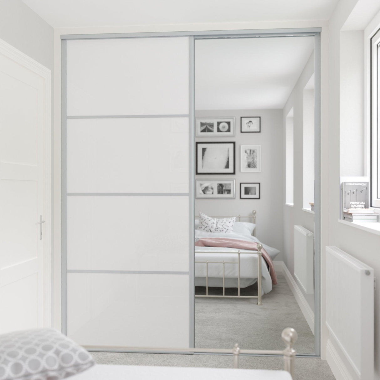 Classic Silver Sliding Wardrobe 2 Door Kit - Mirror & Pure White Glass - Made To Measure - Bedrooms Plus