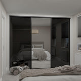 Curve Black Glass & Mirror Sliding Door Wardrobe Kit with Aluminium Frame 3 Panel - Bedrooms Plus