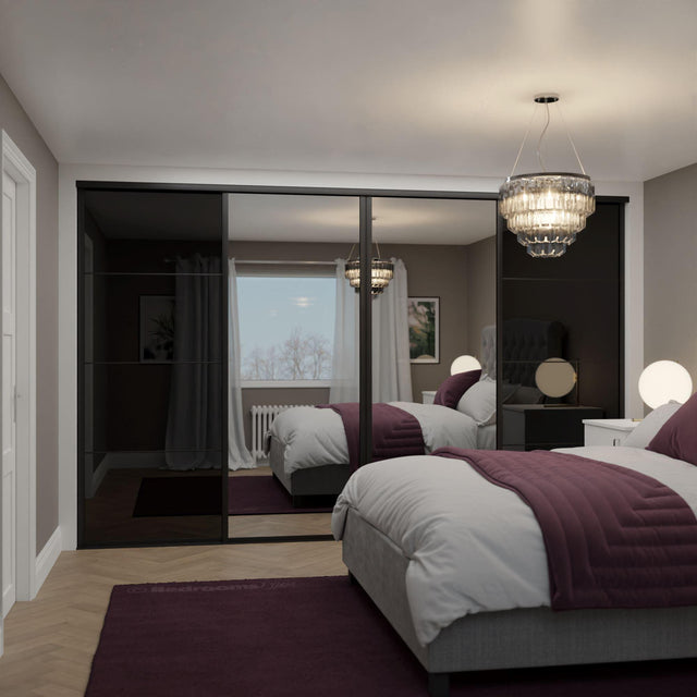 Curve Black Glass & Mirror Sliding Door Wardrobe Kit with Aluminium Frame 4 Panel - Bedrooms Plus