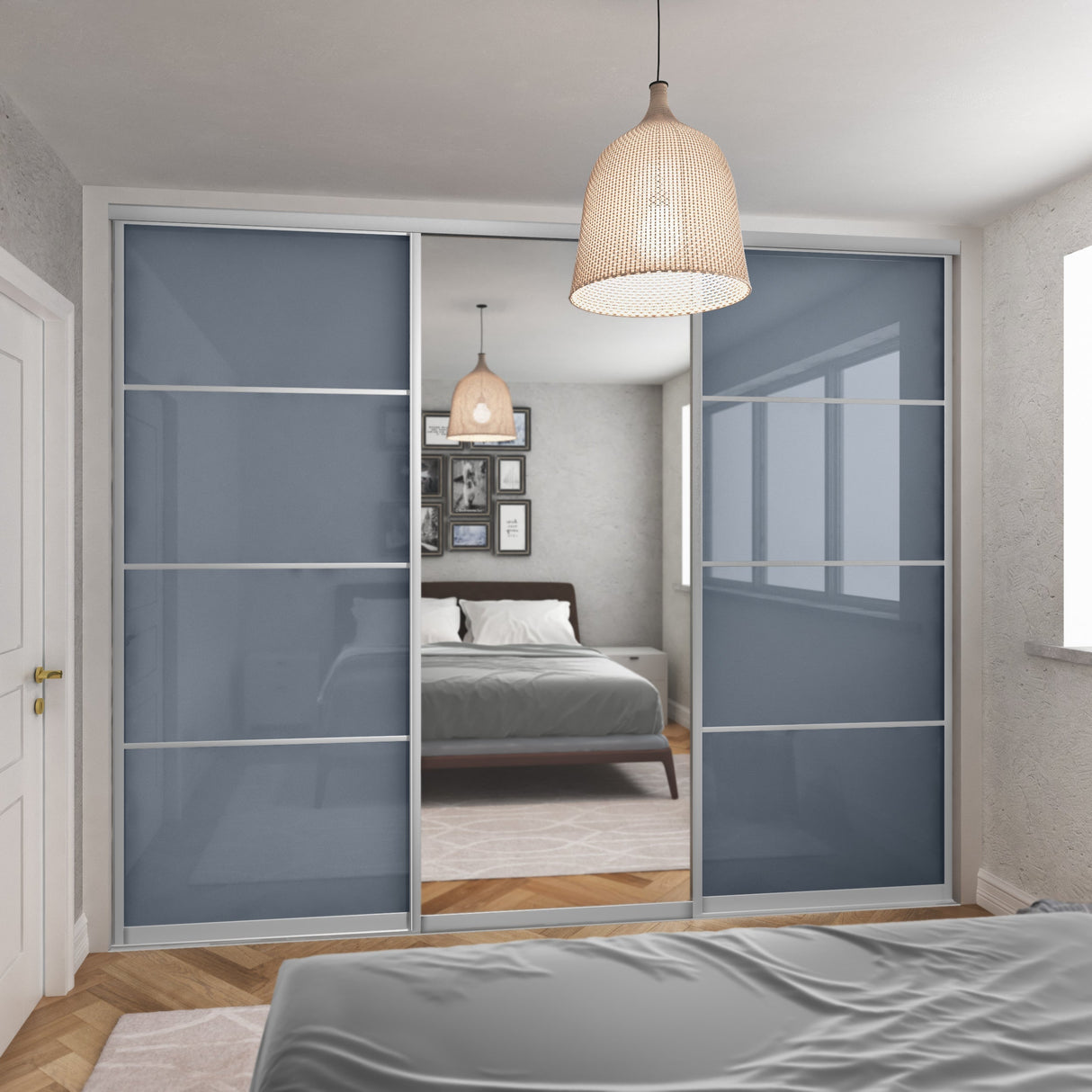 Curve Blue Glass & Mirror Sliding Door Wardrobe Kit 3 Panel with Satin Silver Frame - Bedrooms Plus