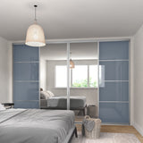 Curve Blue Glass & Mirror Sliding Door Wardrobe Kit 4 Panel with Satin Silver Frame - Bedrooms Plus