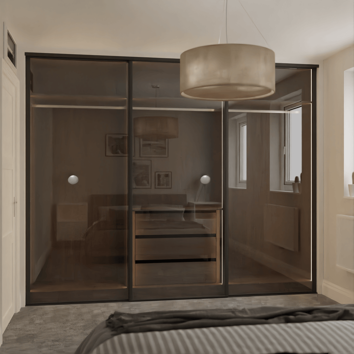 Curve Bronze Glass Sliding Door Wardrobe Kit 3 Panels with Brushed Black Frame - Bedrooms Plus