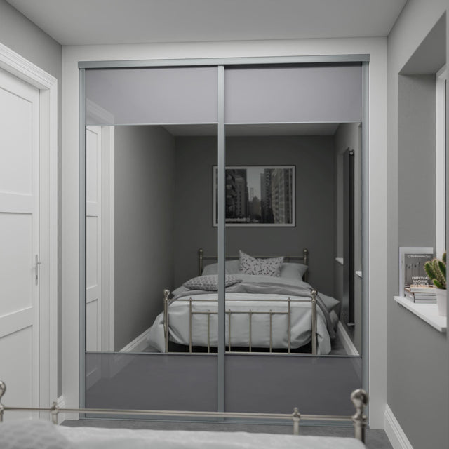 Curve Grey Glass & Mirror Sliding Door Wardrobe Kit 2 Panel with Satin Silver Frame - Bedrooms Plus
