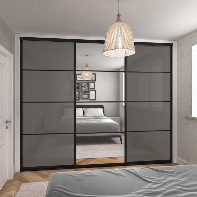 Curve Grey Glass & Mirror Sliding Door Wardrobe Kit 3 Panel - Bedrooms Plus