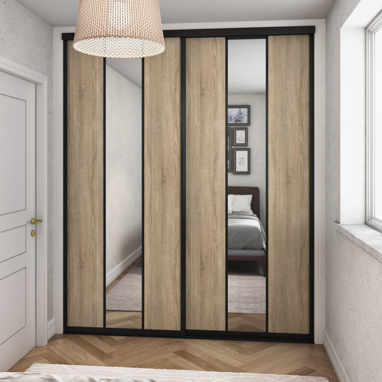 Curve Grey Oak & Mirror Sliding Door Wardrobe Kit 2 Panel - Bedrooms Plus