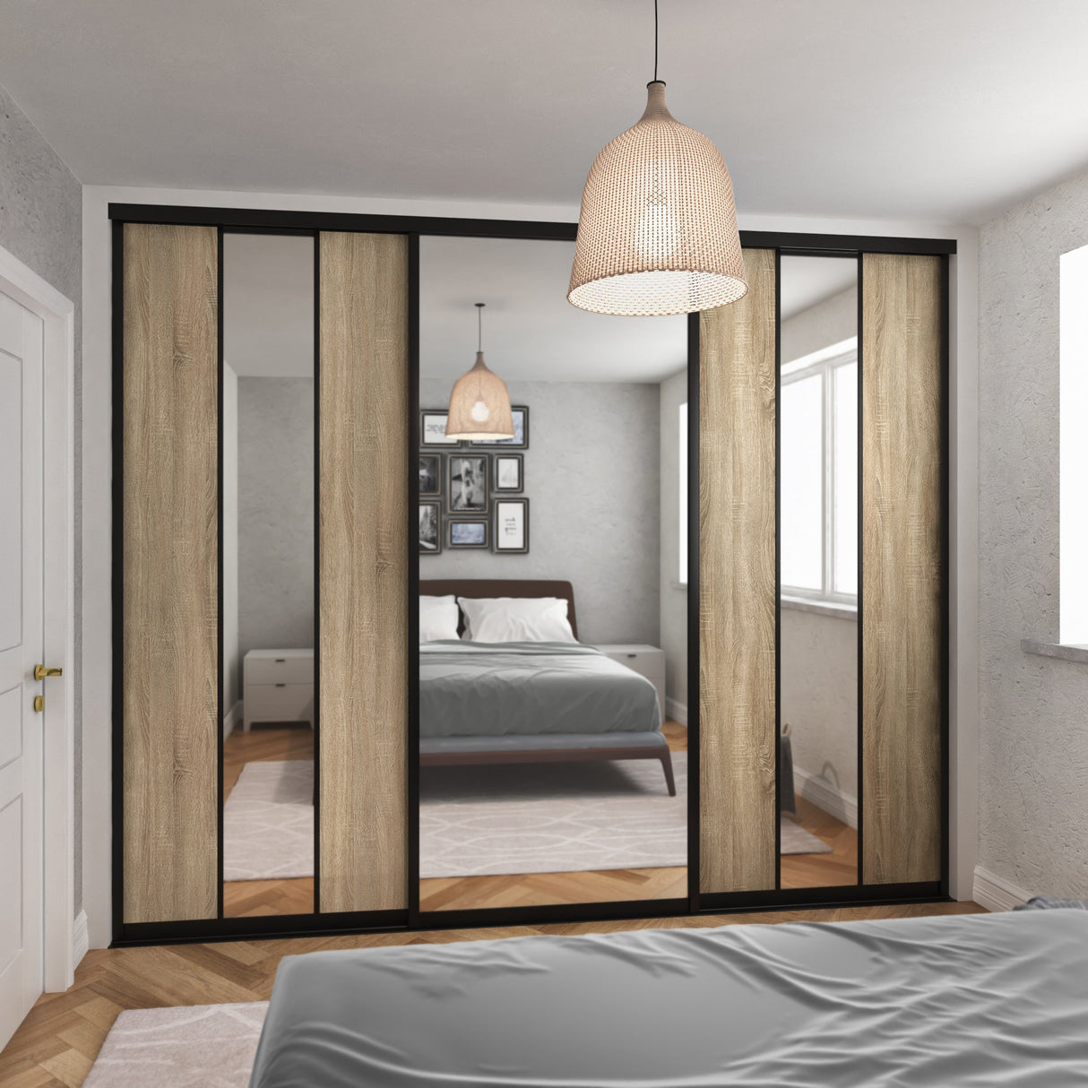 Curve Grey Oak & Mirror Sliding Door Wardrobe Kit 3 Panel Brushed Black Frame - Bedrooms Plus