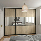 Curve Grey Oak & Mirror Sliding Door Wardrobe Kit 3 Panel with Brushed Black Frame - Bedrooms Plus