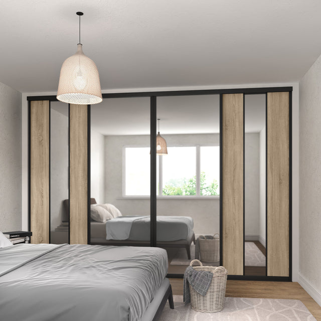 Curve Grey Oak & Mirror Sliding Door Wardrobe Kit 4 Panel Brushed Black Frame - Bedrooms Plus