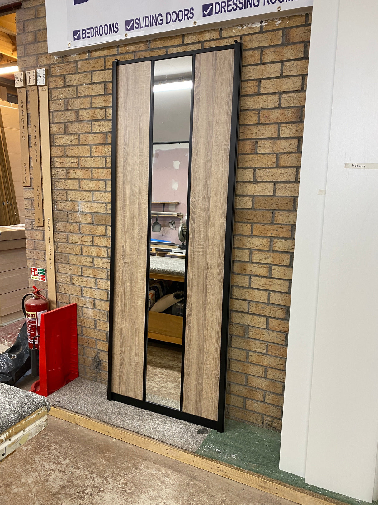 Curve Grey Oak & Mirror Sliding Door Wardrobe Kit 4 Panel Brushed Black Frame - Bedrooms Plus