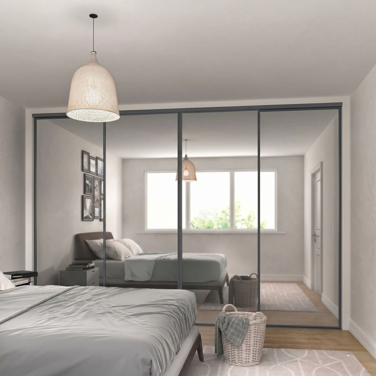 Curve Gunmetal Grey & Mirror 4 Door Sliding Wardrobe Doors - Bedrooms Plus