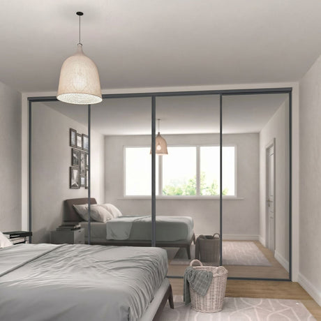 Curve Gunmetal Grey & Mirror 4 Door Sliding Wardrobe Doors - Bedrooms Plus