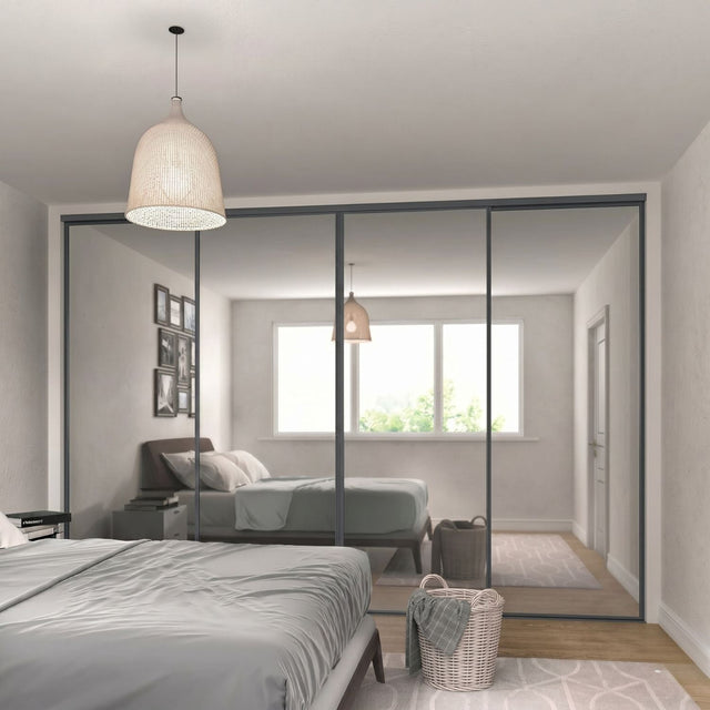Curve Gunmetal Grey & Mirror 4 Door Sliding Wardrobe Doors - Bedrooms Plus