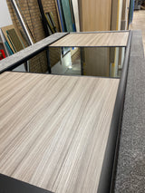 Curve Mirror & Shorewood Sliding Door Wardrobe Kit Grey 4 Panel with Brushed Black Frame - Bedrooms Plus