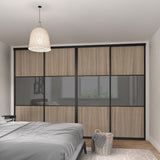 Curve Mirror & Shorewood Sliding Door Wardrobe Kit Grey 4 Panel with Brushed Black Frame - Bedrooms Plus