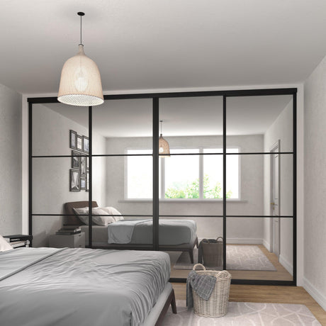 Curve Mirror Sliding Door Wardrobe Kit 4 Panel with Brushed Black Frame - Bedrooms Plus