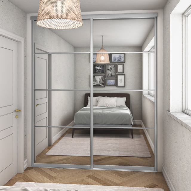 Curve Mirror Sliding Door Wardrobe Kit Mirror 2 Panel with Satin Silver Frame - Bedrooms Plus