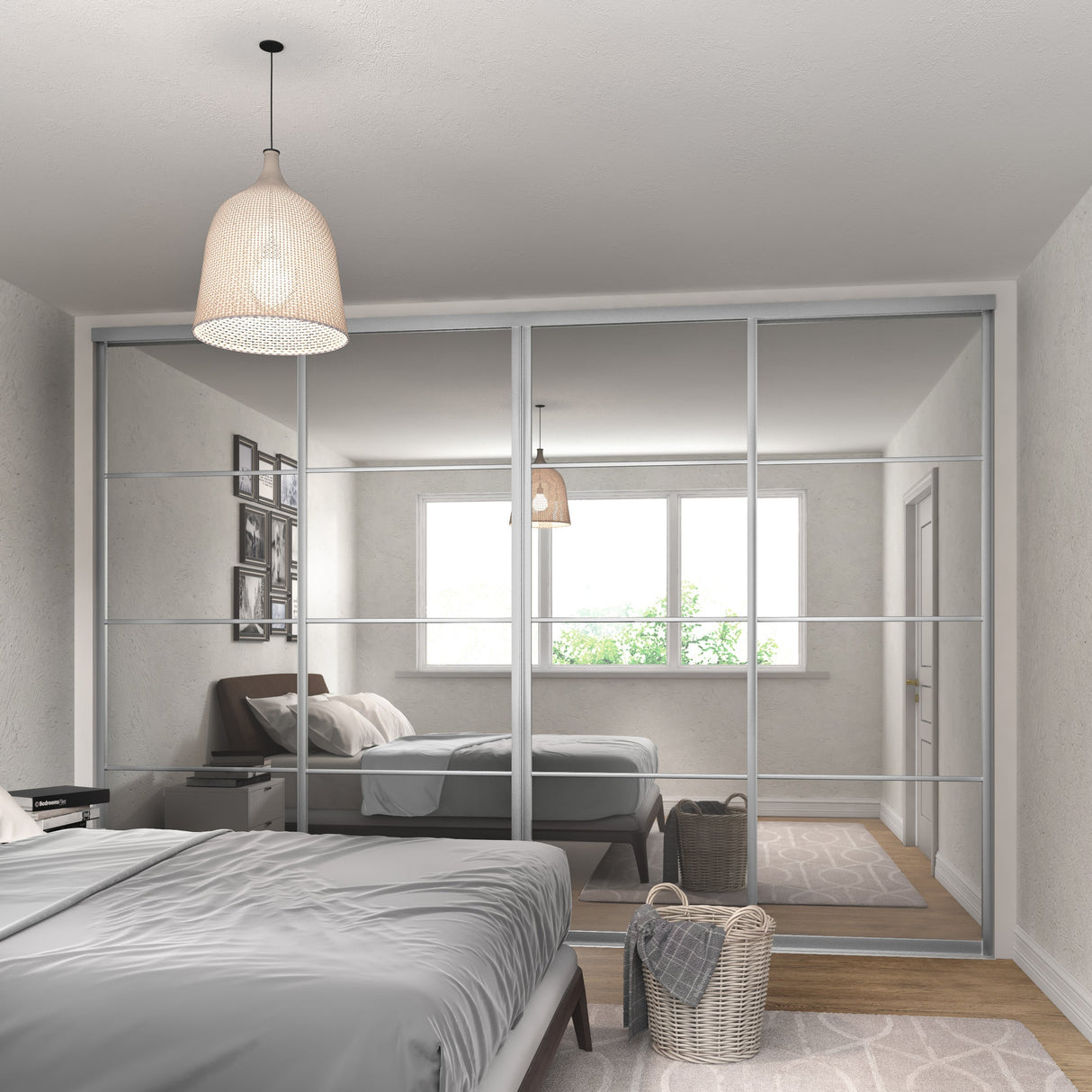 Curve Mirror Sliding Door Wardrobe Kit Mirror 4 Panel with Satin Silver Frame - Bedrooms Plus