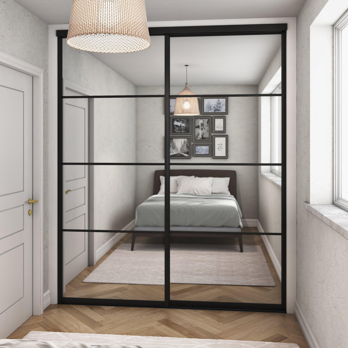 Curve 2-Door Sliding Wardrobe Door Kit - Matt Black Frame, 4-Panel Mir ...