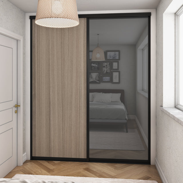 Curve Sliding Door Wardrobe Kit 2 Panel Grey Mirror Shorewood Brushed Black Frame - Bedrooms Plus