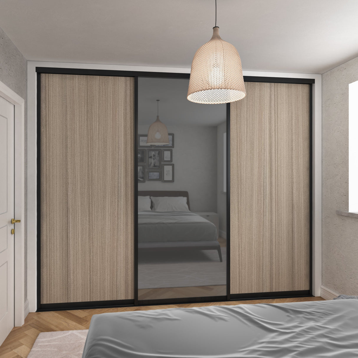 Curve Sliding Door Wardrobe Kit Grey 3 Panel Mirror Shorewood Brushed Black Frame - Bedrooms Plus