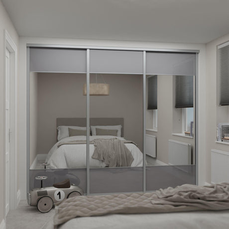 Curve Sliding Door Wardrobe Kit Satin Silver Frame Grey Glass 3 - Door Mirror - Bedrooms Plus