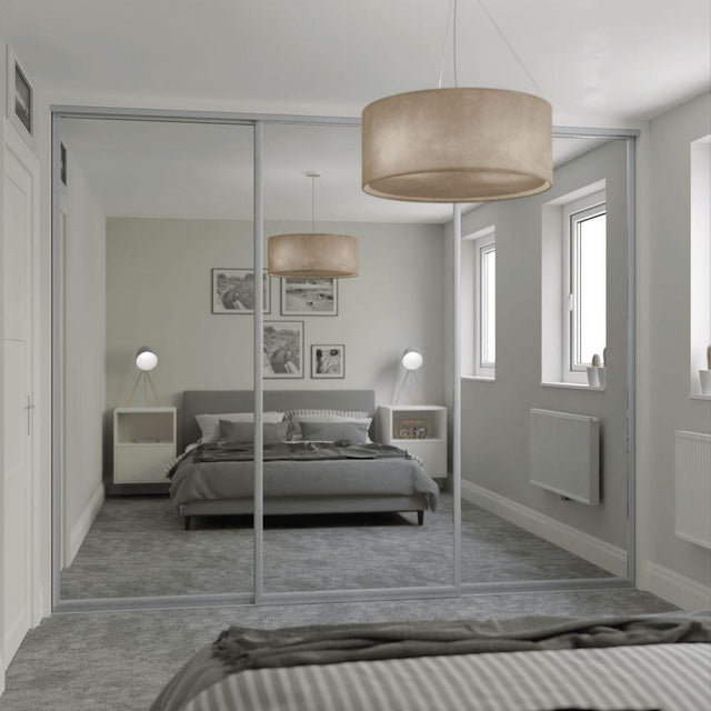 Curve Sliding Wardrobe Door Kit Mirror 3 - Door Satin Silver Frame - Bedrooms Plus