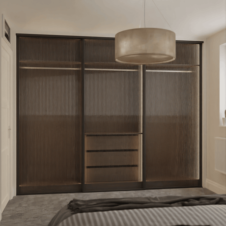 Curve Sliding Wardrobe Door Kit Reeded Glass 3 - Door Matt Black Frame - Bedrooms Plus