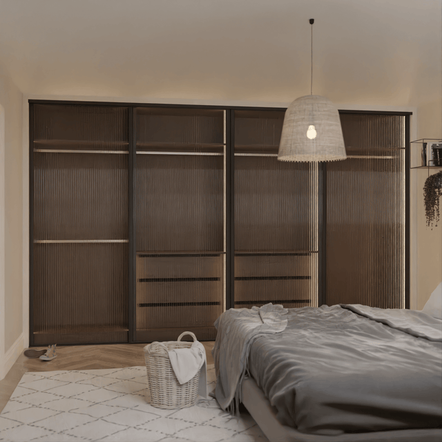 Curve Sliding Wardrobe Door Kit Reeded Glass 4 - Door Matt Black Frame - Bedrooms Plus
