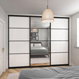Curve White Glass & Mirror Sliding Door Wardrobe Kit 3 Panel with Black Aluminium Frame - Bedrooms Plus