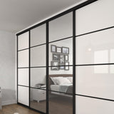 Curve White Glass & Mirror Sliding Door Wardrobe Kit 4 Panel with Black Aluminium Frame - Bedrooms Plus