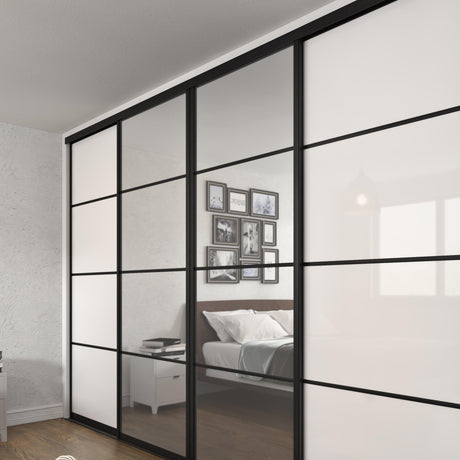 Curve White Glass & Mirror Sliding Door Wardrobe Kit 4 Panel with Black Aluminium Frame - Bedrooms Plus